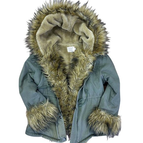 Vintage Olive Green Faux Fur Parka Coat Y2K Boho Festival Jacket Street Style - Picture 2 of 12